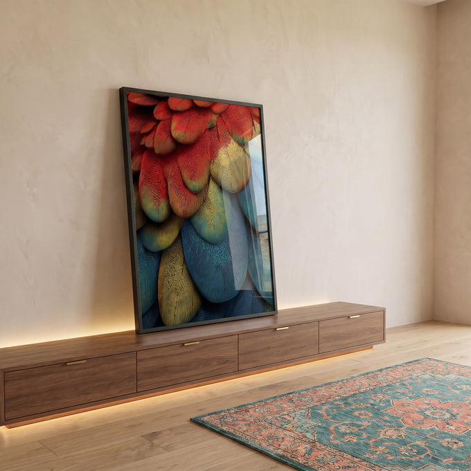Quadro Decorativo Penas Vibrantes em ambiente decorado - quadros decorativos para sala