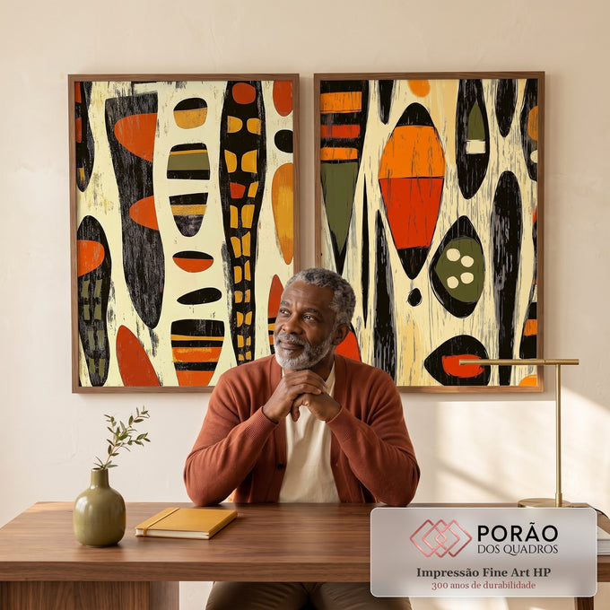 Quadro Decorativo Abstrato African Inspired - Amarelo e Laranja Vibrante em escritorio moderno - quadros decorativos para sala