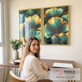 Quadro Decorativo Folhas de Ginkgo em Verde e Dourado em escritorio moderno - quadros decorativos para sala