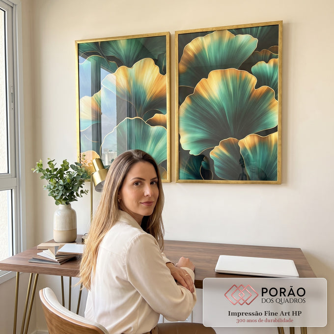 Quadro Decorativo Folhas de Ginkgo em Verde e Dourado em escritorio moderno - quadros decorativos para sala