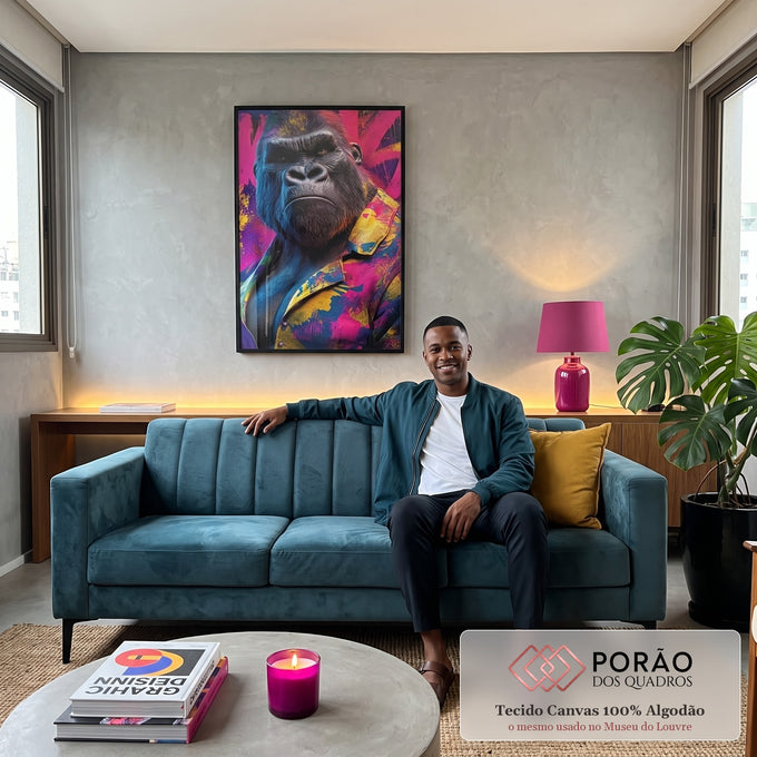 Quadro Decorativo Gorila Estilizado em sala de estar moderna - quadros decorativos para sala