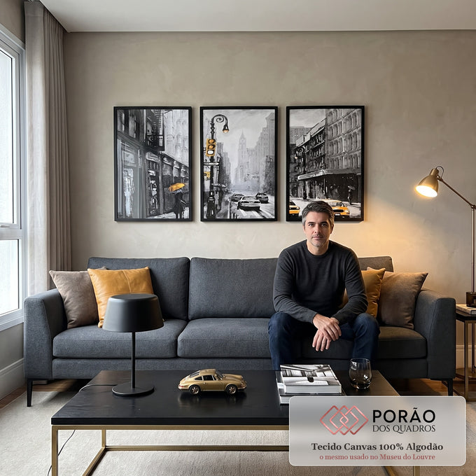 Quadro Decorativo: Energia Urbana e Táxis Amarelos em sala de estar moderna - quadros decorativos para sala