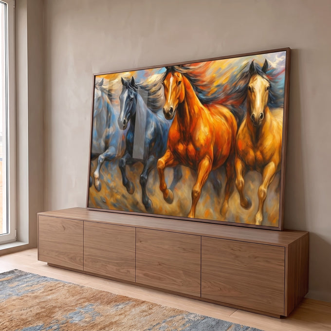 Cavalos em Movimento - Quadro Decorativo em ambiente decorado - quadros decorativos para sala