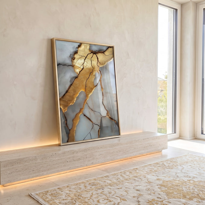 Quadro Decorativo Mármore com Detalhes em Dourado em ambiente decorado - quadros decorativos para sala