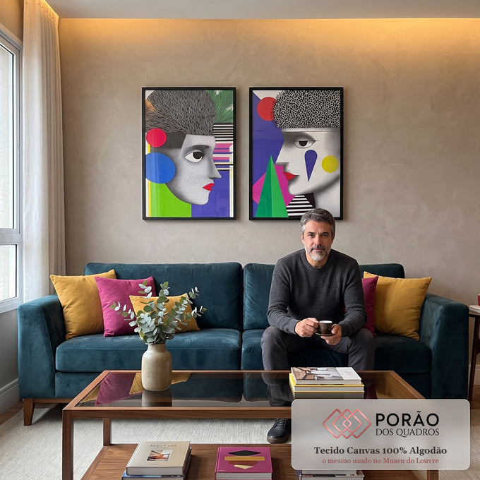 Quadro Decorativo Abstrato Contemporâneo: Rostos e Geometria em sala de estar moderna - quadros decorativos para sala