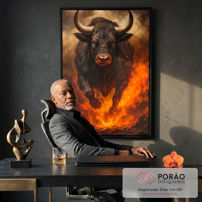 Quadro Decorativo Força do Touro Flamejante em escritorio moderno - quadros decorativos para sala
