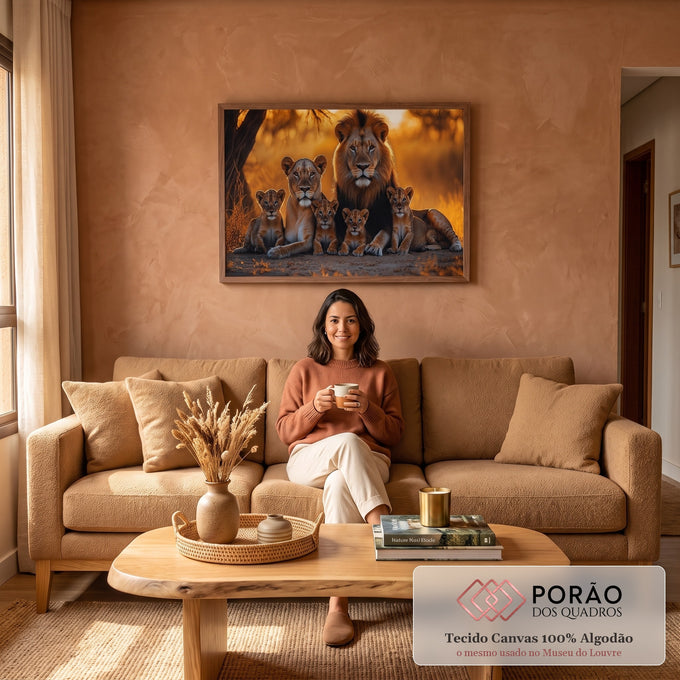 Quadro Decorativo Majestosa Família de Leões em sala de estar moderna - quadros decorativos para sala