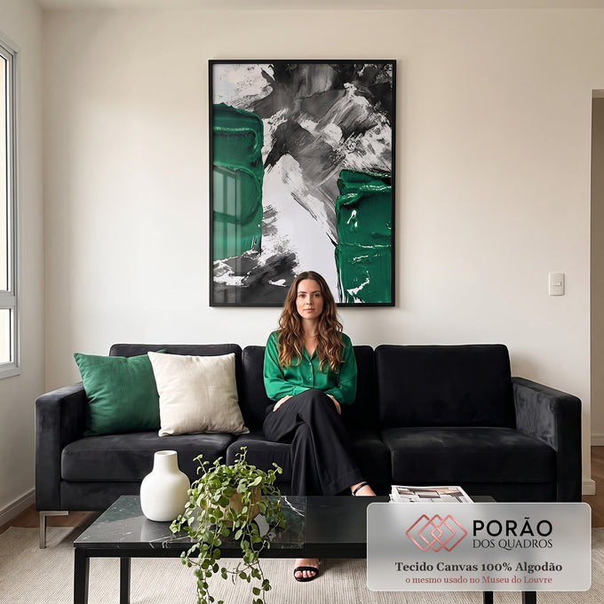 Quadro Decorativo Vibrante Pincelada Verde Única em sala de estar moderna - quadros decorativos para sala