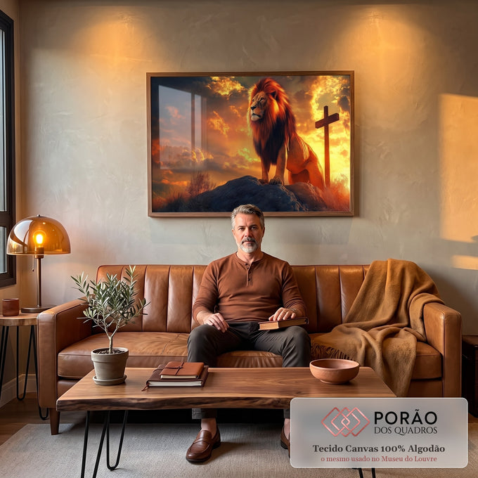 Quadro Decorativo Leão Majestoso e Cruz ao Nascer do Sol em sala de estar moderna - quadros decorativos para sala