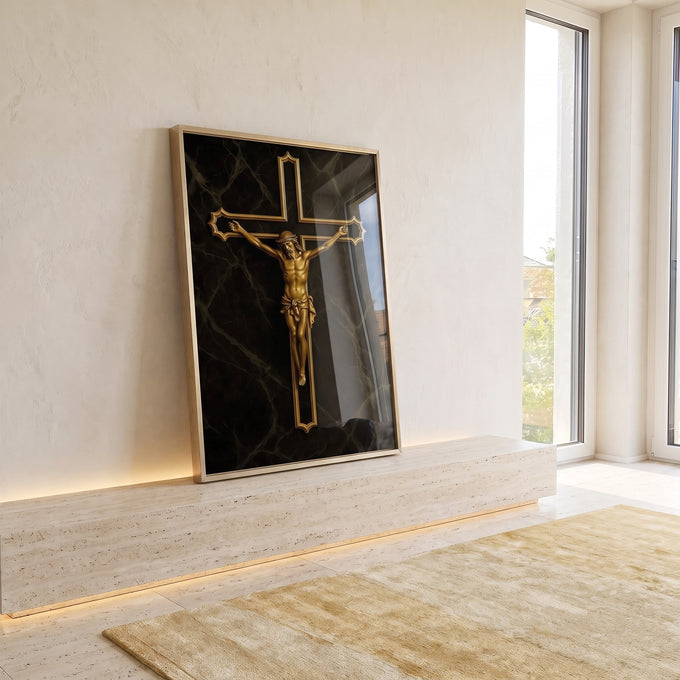 Quadro Decorativo Cristo Dourado em Serenidade em ambiente decorado - quadros decorativos para sala