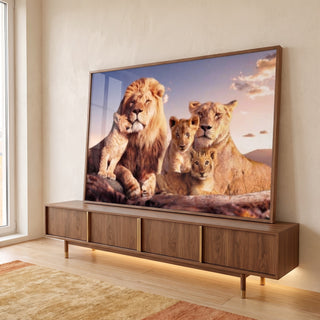 Quadro Decorativo Leões ao Pôr do Sol: União Familiar em ambiente decorado - quadros decorativos para sala