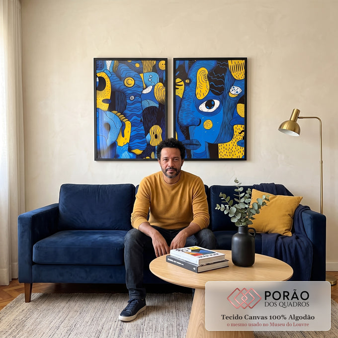 Quadro Decorativo Minimalista Fluído em Azul e Amarelo em sala de estar moderna - quadros decorativos para sala