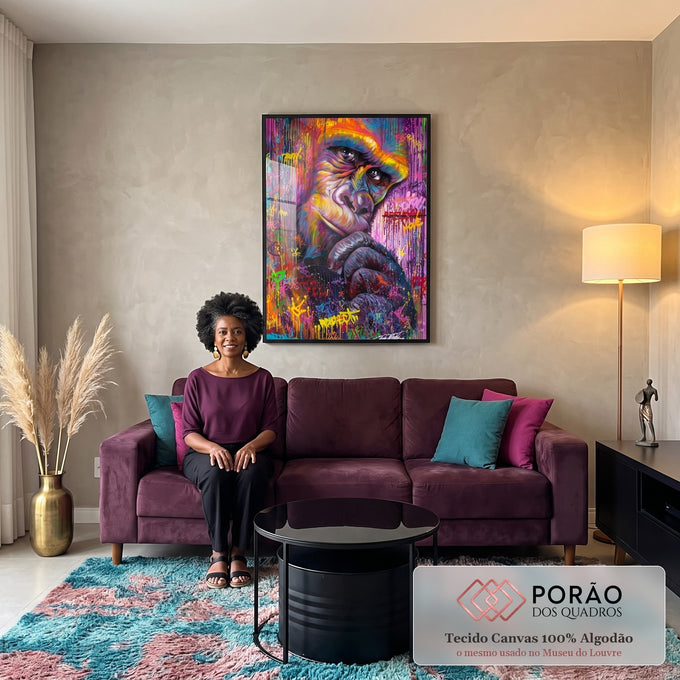 Quadro Decorativo Gorila Neon: Natureza e Arte Urbana em sala de estar moderna - quadros decorativos para sala