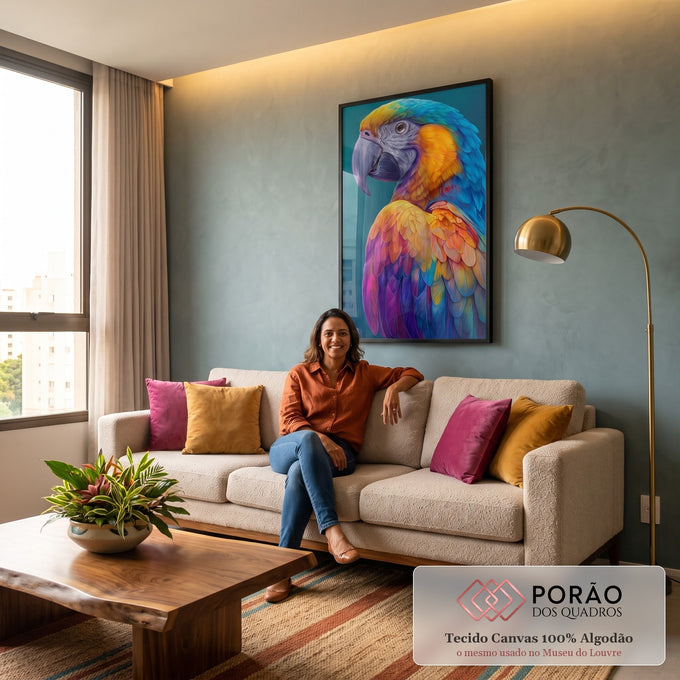 Quadro Decorativo Papagaio Colorido em sala de estar moderna - quadros decorativos para sala