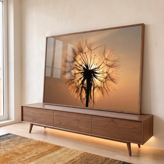 Quadro Decorativo Inspirador Dente de Leão ao Pôr do Sol em ambiente decorado - quadros decorativos para sala