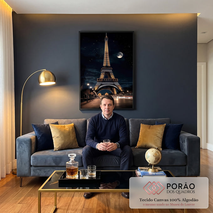 Quadro Decorativo A Encantadora Torre Eiffel sob o Brilho da Noite em sala de estar moderna - quadros decorativos para sala