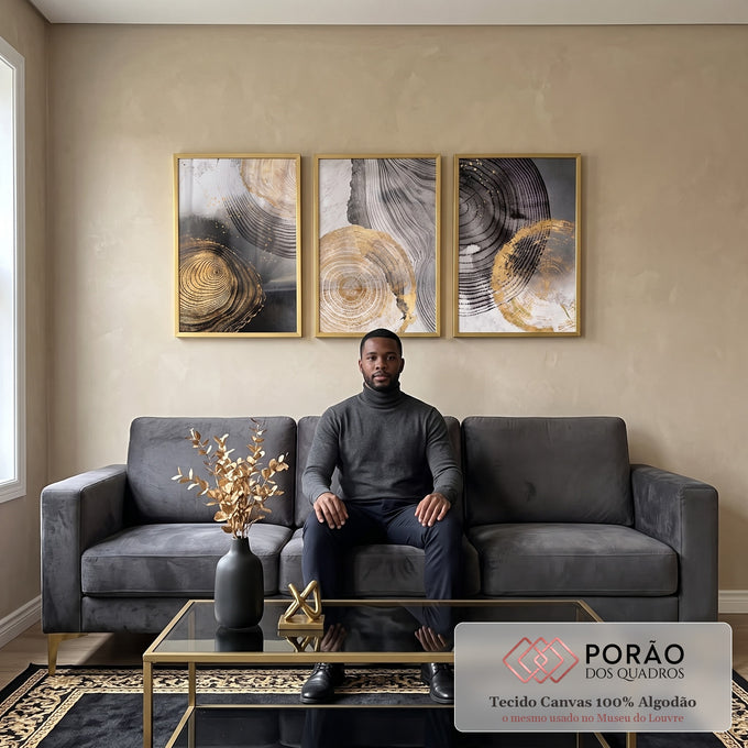 Quadro Decorativo Elegância Abstrata: Luxo em Preto e Ouro em sala de estar moderna - quadros decorativos para sala