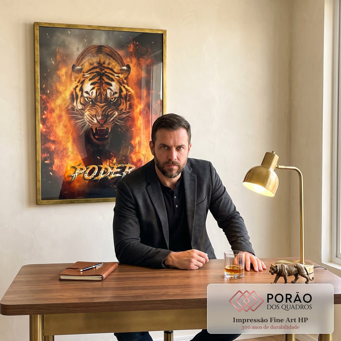 Quadro Decorativo Tigre Poder Fogo - Elegância e Impacto Visual para Seu Lar em escritorio moderno - quadros decorativos para sala