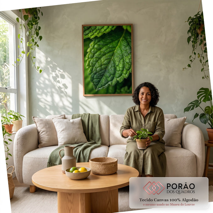 Quadro Decorativo Folhas Verdes Vibrantes em sala de estar moderna - quadros decorativos para sala