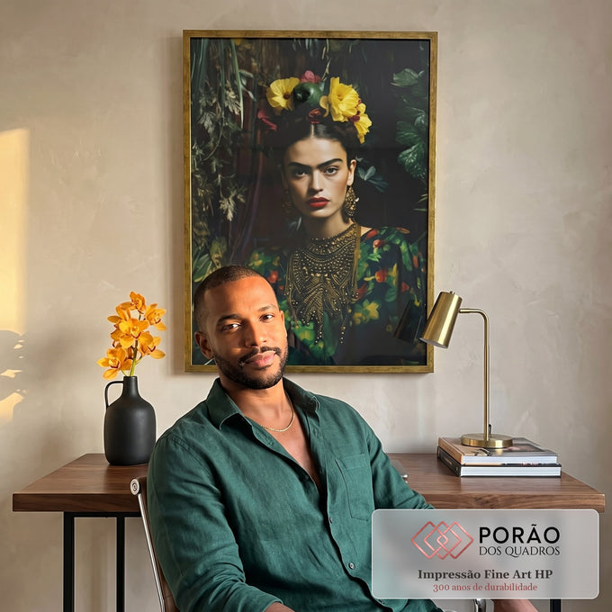 Quadro Decorativo Frida Encantadora com Folhagens em escritorio moderno - quadros decorativos para sala