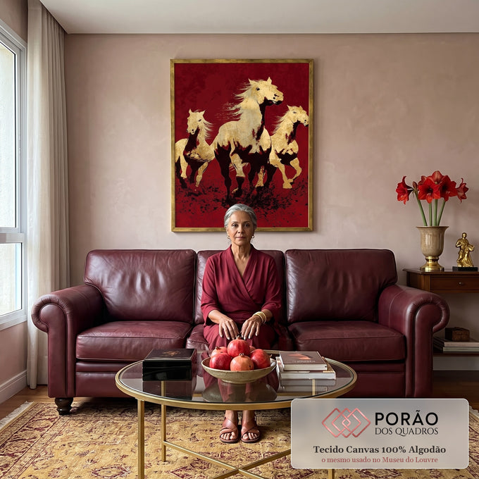 Quadro Decorativo Cavalos em Dourado em sala de estar moderna - quadros decorativos para sala