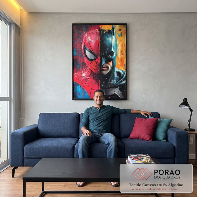 Quadro Decorativo Confronto Épico entre Morcego e Aranha em sala de estar moderna - quadros decorativos para sala
