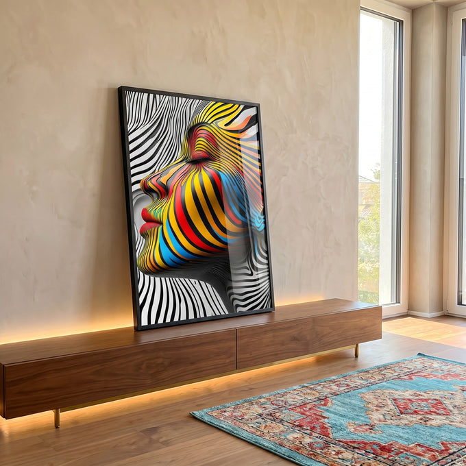 Quadro Decorativo Mulher Sobre linhas Abstratas em ambiente decorado - quadros decorativos para sala