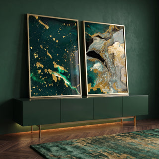 Quadro Decorativo Fusão Verde e Ouro - Toque de Energia Único em ambiente decorado - quadros decorativos para sala