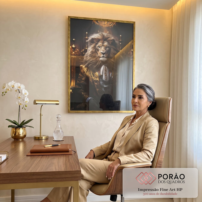Quadro Decorativo Leão Executivo - Sofisticação e Estilo para Seu Ambiente em escritorio moderno - quadros decorativos para sala