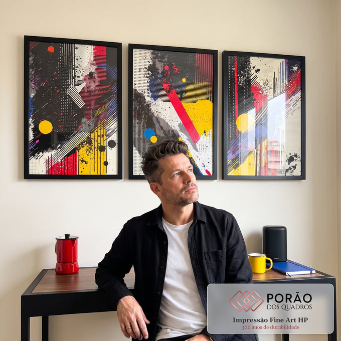 Quadro Decorativo Arte Abstrata - Linhas Dinâmicas e Cores Impactantes em escritorio moderno - quadros decorativos para sala