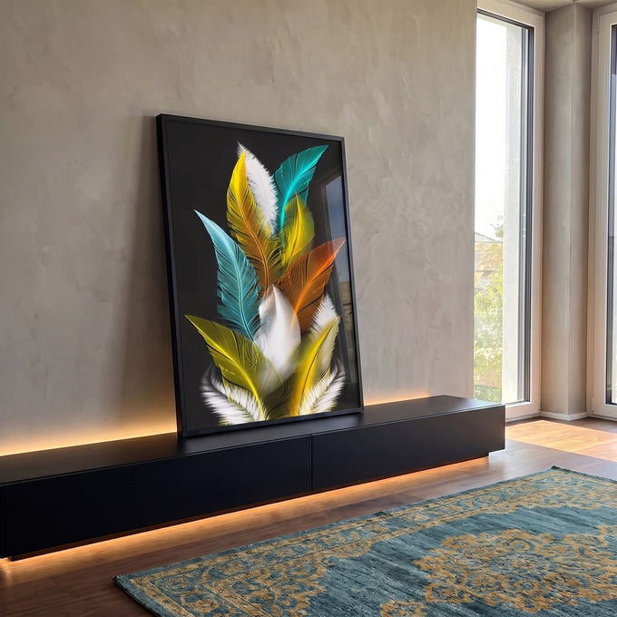 Quadro Decorativo Explosão de Penas: Toque de Alegria em ambiente decorado - quadros decorativos para sala