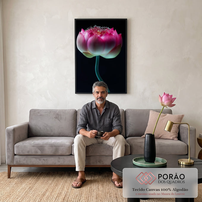 Quadro Decorativo Lótus Rosa Serenidade em sala de estar moderna - quadros decorativos para sala