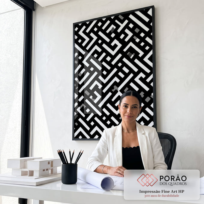 Quadro Decorativo Labirinto Preto e Branco em escritorio moderno - quadros decorativos para sala