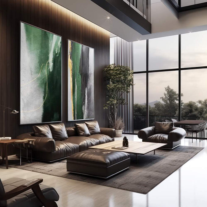 Quadro Decorativo Abstração Verde: Modernidade e Paz - quadros decorativos para sala 2 Telas, Abstratos e Geométricos - em quarto contemporaneo
