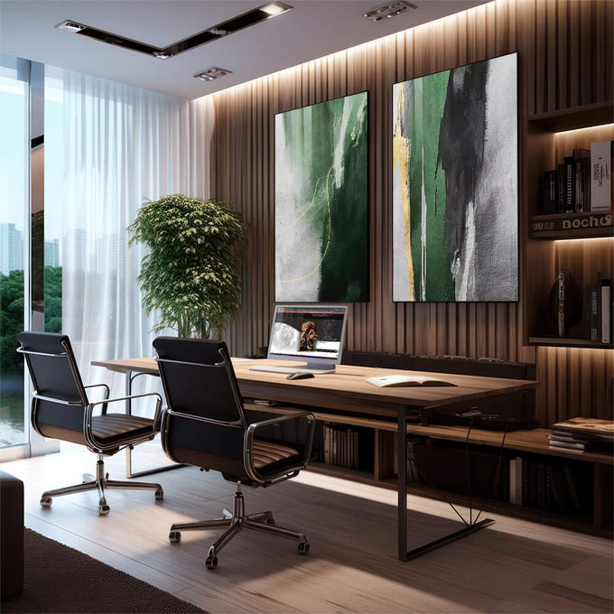 Quadro Decorativo Abstração Verde: Modernidade e Paz - quadros decorativos 2 Telas, Abstratos e Geométricos - em escritorio elegante