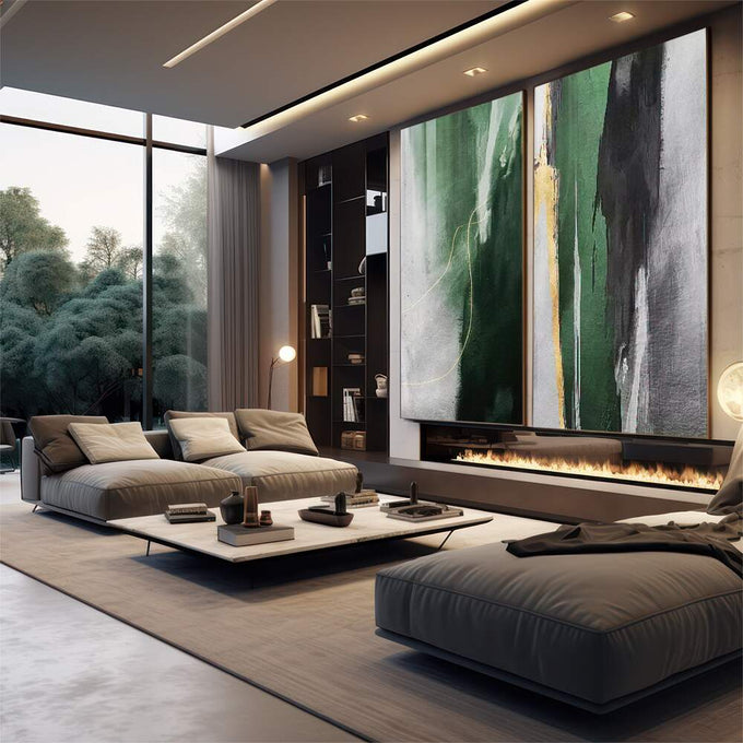Quadro Decorativo Abstração Verde: Modernidade e Paz - quadros decorativos 2 Telas, Abstratos e Geométricos - em sala moderna