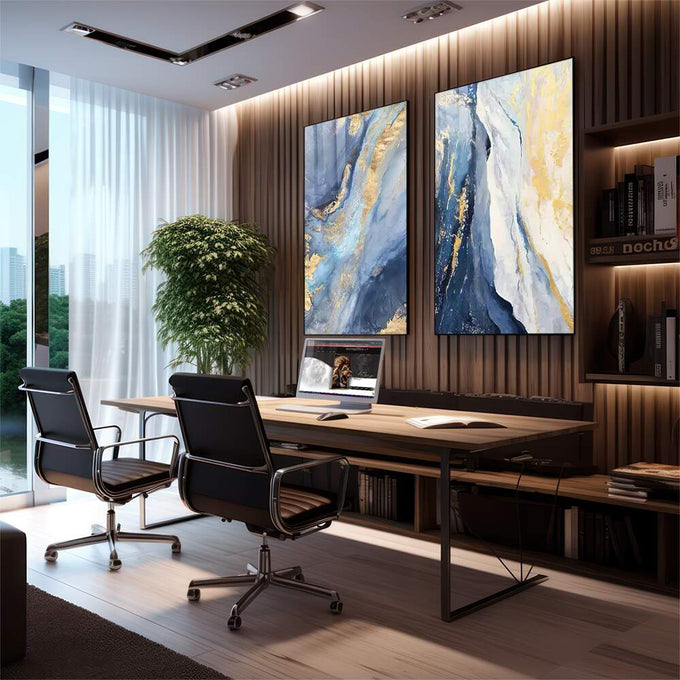 Quadro Decorativo Essencial: Mosaico em Azul e Ouro - quadros decorativos para sala 2 Telas, abstrato - em quarto contemporaneo