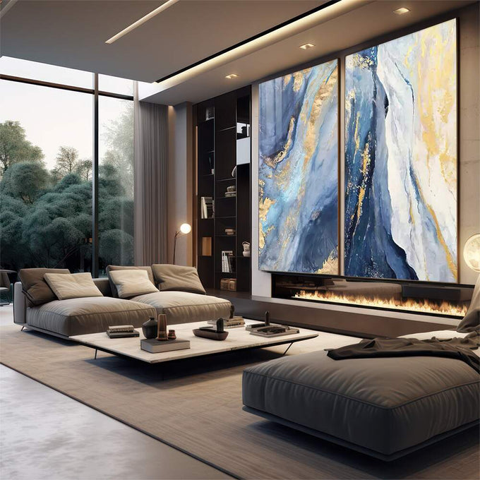 Quadro Decorativo Essencial: Mosaico em Azul e Ouro - quadros decorativos para sala 2 Telas, abstrato - em living room premium