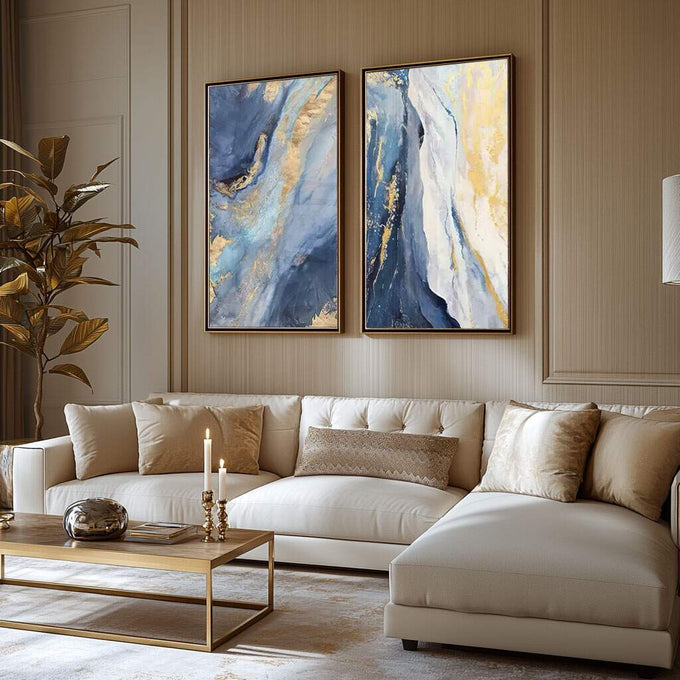 Quadro Decorativo Essencial: Mosaico em Azul e Ouro - quadros decorativos para sala 2 Telas, abstrato - em ambiente decorado