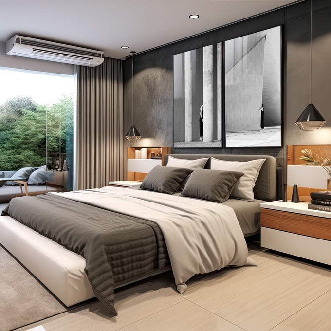 Quadro Decorativo: Essência Urbana em Preto e Branco - quadros decorativos 2 Telas, arquitetura - em sala moderna