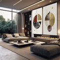 Quadro Decorativo Círculos Dourados: Uma Obra de Luxo - quadros decorativos para sala 2 Telas, Abstratos e Geométricos - em quarto contemporaneo