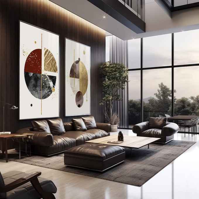 Quadro Decorativo Círculos Dourados: Uma Obra de Luxo - quadros decorativos 2 Telas, Abstratos e Geométricos - em escritorio elegante