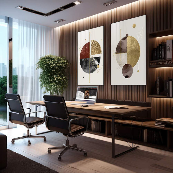 Quadro Decorativo Círculos Dourados: Uma Obra de Luxo - quadros decorativos para sala 2 Telas, Abstratos e Geométricos - em living room premium
