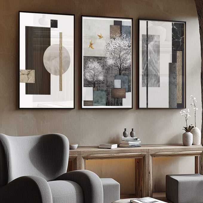 Quadro Decorativo: Inspiração e Paz Interior - quadros decorativos para sala 1 Tela Vertical, 3 Telas - em ambiente decorado
