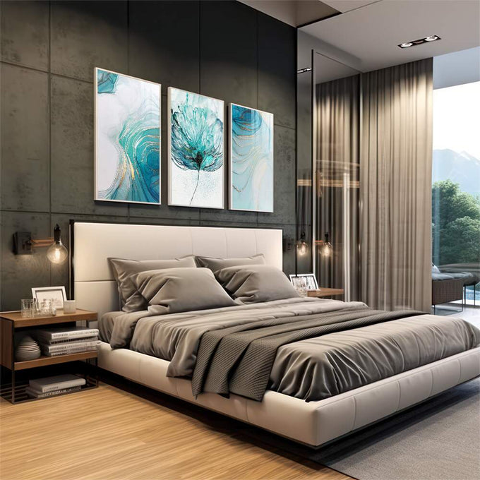 Quadro Decorativo: Abstração Azul e Dourado - Elegância Única - quadros decorativos 1 Tela Vertical, 3 Telas - em escritorio elegante