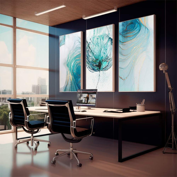 Quadro Decorativo: Abstração Azul e Dourado - Elegância Única - quadros decorativos para sala 1 Tela Vertical, 3 Telas - em living room premium
