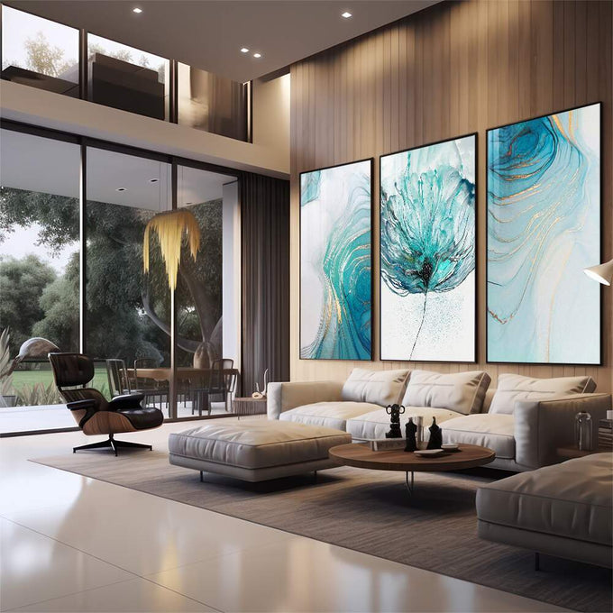 Quadro Decorativo: Abstração Azul e Dourado - Elegância Única - quadros decorativos 1 Tela Vertical, 3 Telas - em sala moderna