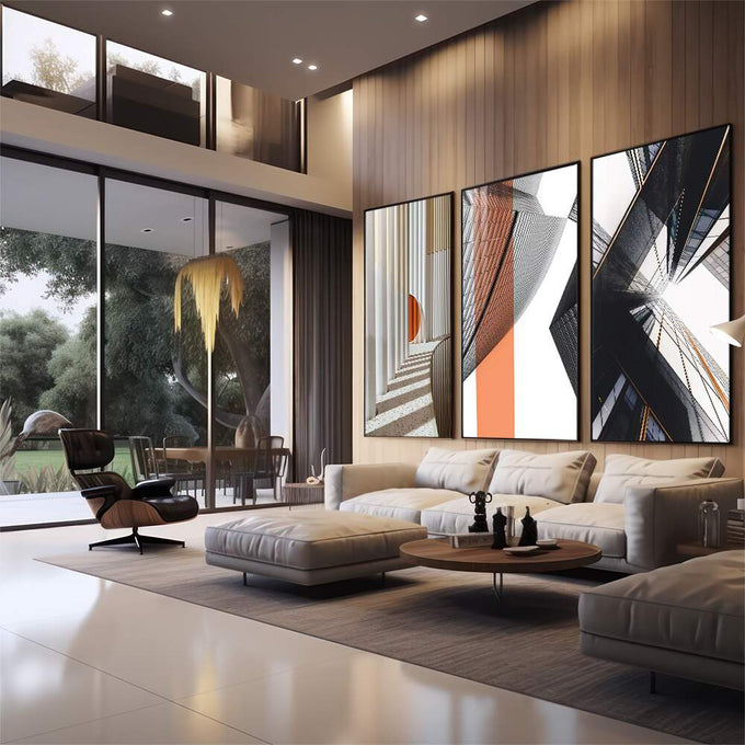 Quadro Decorativo: Arquitetura Abstrata e Design Único - quadros decorativos para sala 1 Tela Vertical, 3 Telas - em quarto contemporaneo