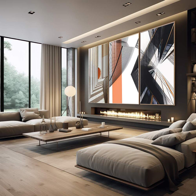 Quadro Decorativo: Arquitetura Abstrata e Design Único - quadros decorativos 1 Tela Vertical, 3 Telas - em escritorio elegante