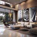 Quadro Decorativo Abstração Urbana: Modernidade em Preto e Branco - quadros decorativos 1 Tela Vertical, 3 Telas - em sala moderna